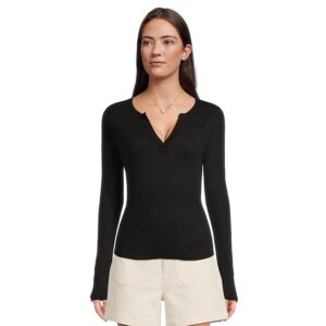 Michael Stars Salem Mixed Placket Henley Women's Clothing Black: XS (US 0-2)