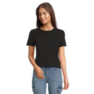 Michael Stars Jackie Raw Edge Crew Neck Tee Women's Clothing Black: SM (US 4-6)
