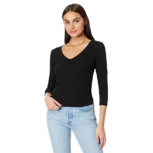 Michael Stars Enid 3/4 Sleeve V-Neck Crop Tee Women's Clothing Black: XS (US 0-2)