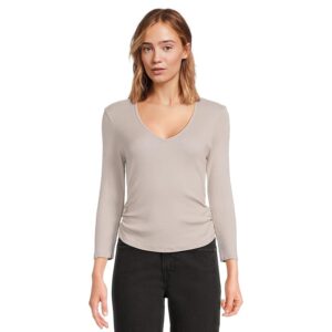 Michael Stars Sylvie V-Neck Shirred Sides Tee Women's Clothing Cement: One Size (US 0-12)