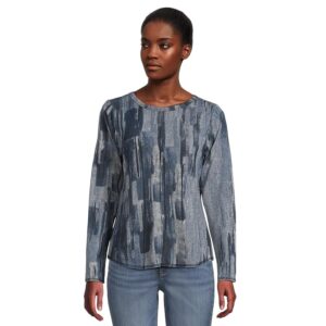 Elliott Lauren Crew Neck Long Sleeve Top with Overlok Stitching Women's T Shirt Blue Multi 1: XL
