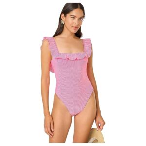 Lilly Pulitzer Aemma Ruffle One Piece Women's Swimsuits One Piece Cherry Blossom Pink Seersucker Stripe: 6