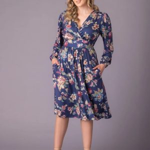 Diana Long Sleeve Midi Dress - Navy Floral Motif / 0X (10-12)