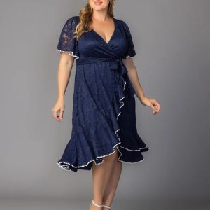 Palermo Lace Faux Wrap Cocktail Dress - Sale! - Navy Blue / 0X (10-12)