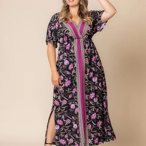 Wanderlust Border Print Maxi Dress - Mauve Border Print / 0X (10-12)