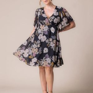 Florence Flutter Sleeve Dress - Midnight Peony Print / 0X (10-12)