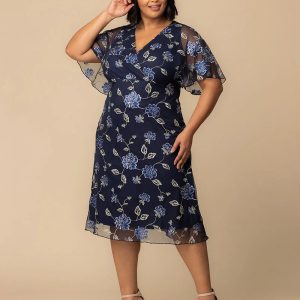 Sonnet Embroidered Midi Cocktail Dress - Navy Blue Blooms / 0X (10-12)