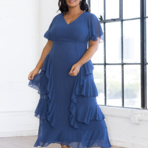 Tour de Flounce Chiffon Evening Gown - Sale! - Denim Blue Dot / 0X (10-12)