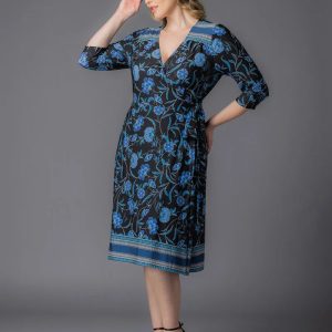Beguiling Border Print Wrap Dress - Blue Border Print / 0X (10-12)