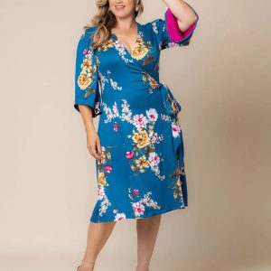 Gemini Wrap Dress - Teal Floral Print / 0X (10-12)