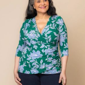 Femme Fatale Faux Wrap Top - Green and Blue Florals / 0X (10-12)