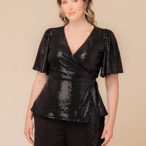 Shimmering Sequin Wrap Top - Onyx / 0X (10-12)