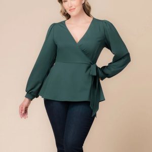 Natasha Long Sleeve Wrap Top - Hunter Green / 0X (10-12)