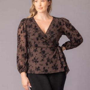 Alissa Long Sleeve Wrap Top - Sable Flocked Florals / 0X (10-12)
